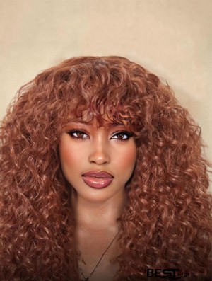 Curly Wig with Bangs – Ginger Brown Synthetic Wig for a Natural, Stylish Look | Perfect for Black Women, Soft and Voluminous Hair