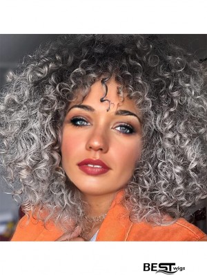 Curly Gray Wig with Bangs – Heat-Resistant Synthetic Grey Wig for Black Women, Perfect for Daily Wear