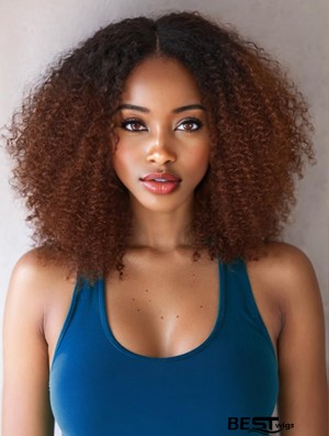 Black Women's Afro Bomb Ombre Brown Kinky Curly Synthetic Wig - 16 Inches Glueless, African American Hairstyle