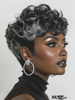 Black Women's Short Curly Wig with Bangs - Mixed Grey and Black, Fashionable Glueless Hairstyle