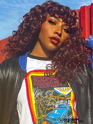 Long Curly Afro Wig with Bangs for Black Women - Big, Bouncy, Fluffy Synthetic Hair, Glueless for Cosplay & Daily Wear