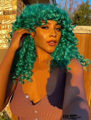 Long Curly Afro Wig with Bangs for Black Women - Big, Bouncy, Fluffy Synthetic Hair, Glueless for Cosplay & Daily Wear