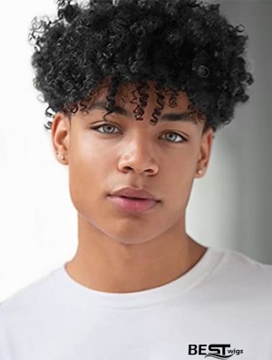 Men's Short Curly Afro Kinky Synthetic Wig Black Natural Style Wig with Wig Cap for Cosplay or Daily Use