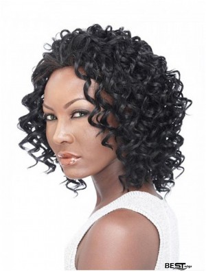 Curly Brazilian Remy Hair Black Shoulder Length Natural 3/4 Wigs