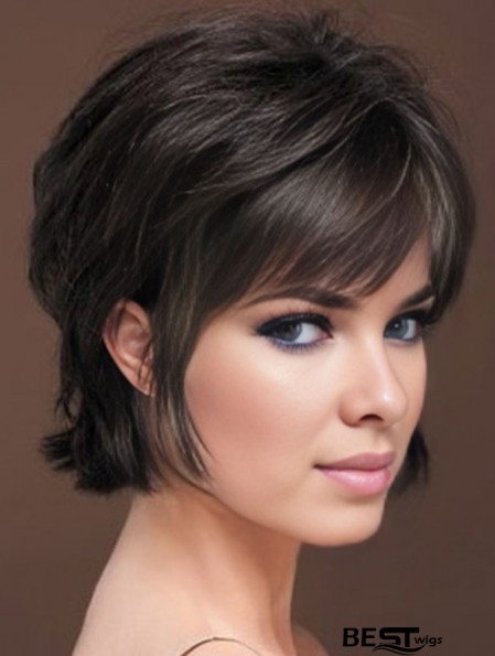 Naturally Straight Human Hair Wig With Bangs Capless Short Length Black Color