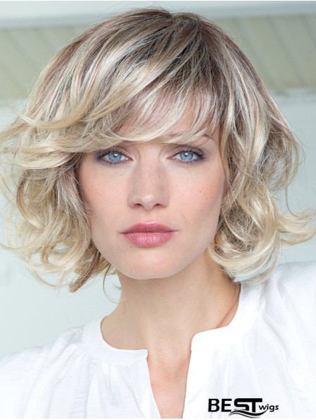 Human Hair Curly Wigs With Bangs Monofilament Shoulder Length Blonde Color