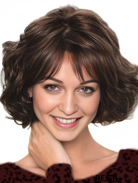 Lace Wig With Bangs Wavy Style Chin Length Brown Color