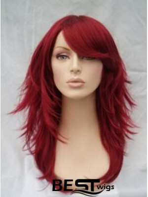 Red Human Hair Wigs Full Wig With Bangs Wavy Style Shoulder Length