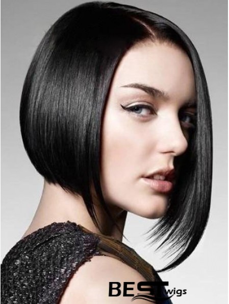 Remy Human Monofilament Chin Length Straight Black Bob Wig