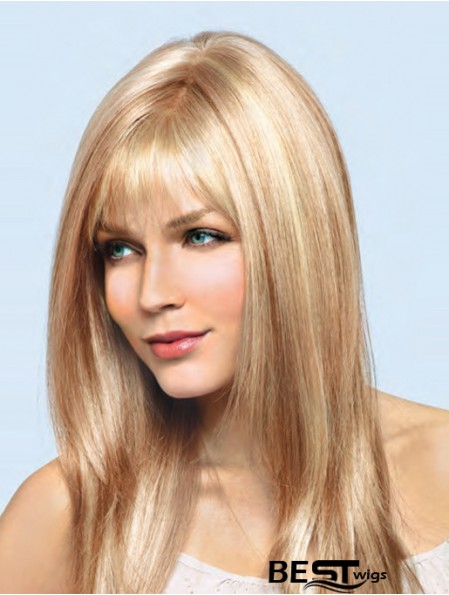 16 inch Blonde Remy Human Straight With Bangs Hand Tied Lace Wigs