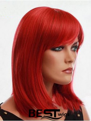 Human Hair Red Wig With Bangs Capless Red Color Straight Style