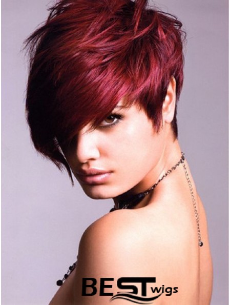 Human Hair Lace Front Wig With Bangs Short Length Red Color