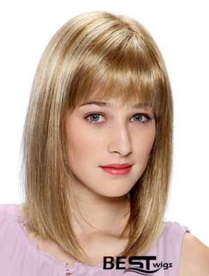 Lace Front Human Hair Wigs Blonde Color Shoulder Length With Bangs