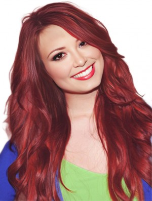 Long Red Wavy Human Hair wigs With Capless Construction For Women