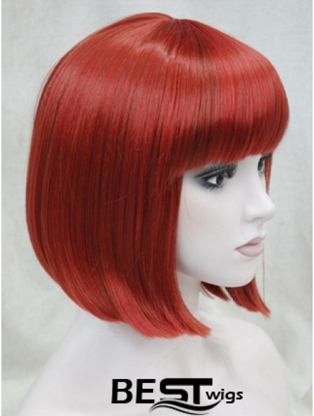 Human Hair Lace Front Wig Chin Length With Bangs Red Color