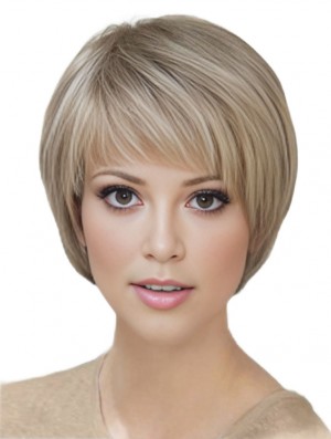 Blonde Short Straight With Bangs Monofilament Wigs