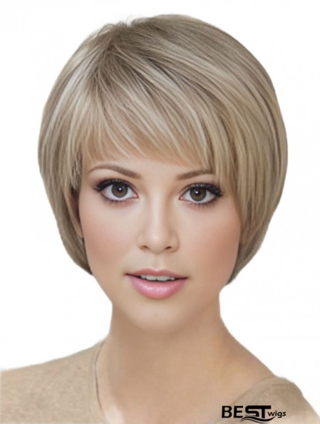 Blonde Short Straight With Bangs Monofilament Wigs