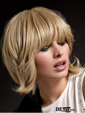 Human Hair Hand Tied Wigs With Bangs Blonde Color Shoulder Length