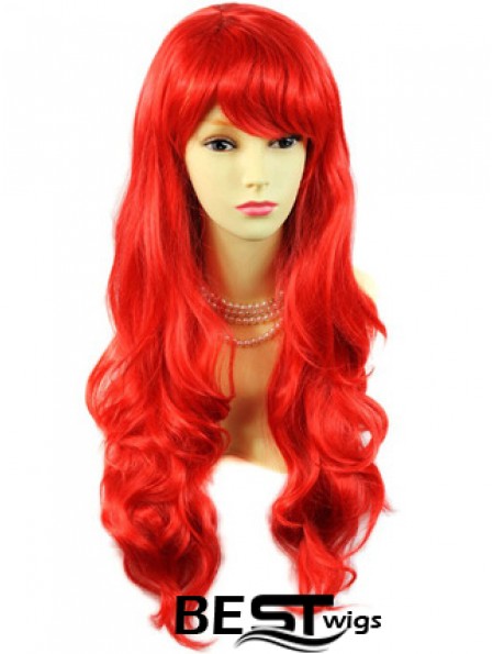 Hot Sale Human Hair Long Wavy With Bangs 24 Inches Red Wigs 
