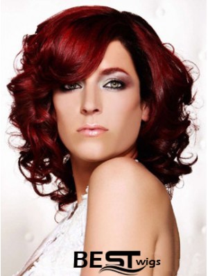 Curly With Bangs Shoulder Length Red Ideal Lace Front Wigs