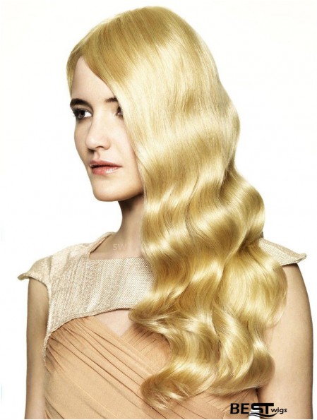 Without Bangs Fashionable Wavy Blonde Long Human Hair Wigs