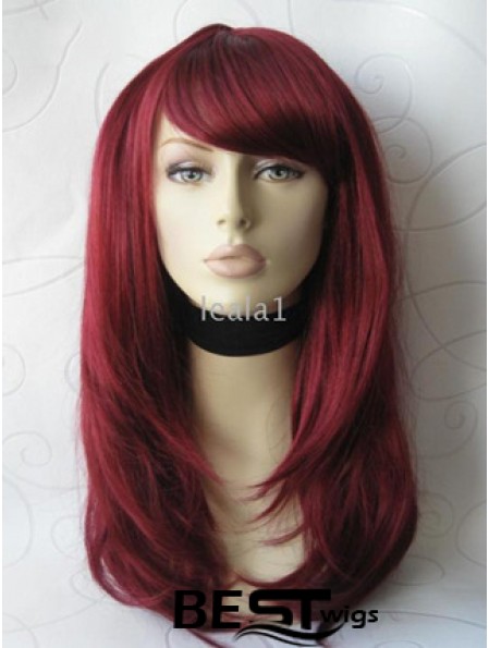 Front Lace Wig With Bangs Long Length Straight Style Red Color