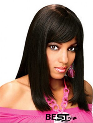 Full Human Hair Wigs With Bangs Full Lace Shoulder Length Black Color