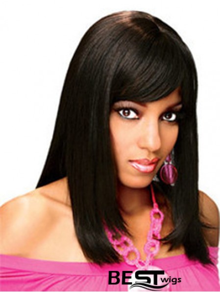 Full Human Hair Wigs With Bangs Full Lace Shoulder Length Black Color