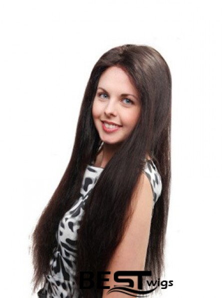 Straight Without Bangs 100% Hand-tied Sleek 26 inch Black Long Wigs