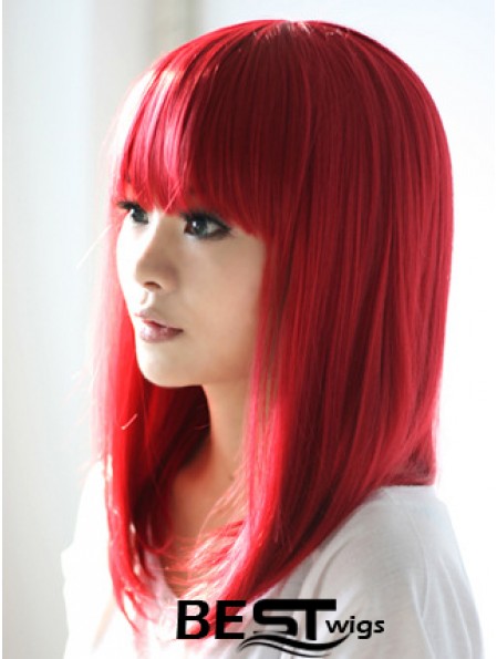 Red Synthetic Wigs With Bangs Shoulder Length Straight Style