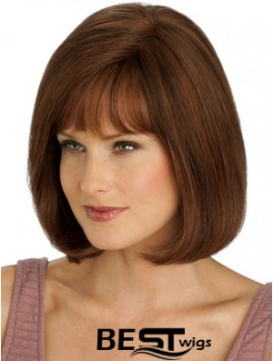 Real Hair Long Bob Wigs With Monofilament Straight Style Auburn Color