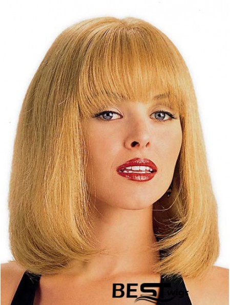 Human Hair Wig Blonde With Bangs Straight Style Shoulder Length