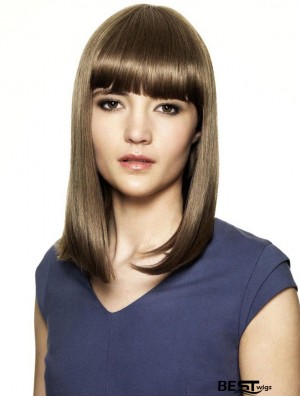 With Bangs Ideal Straight Brown Shoulder Length Human Hair Wigs