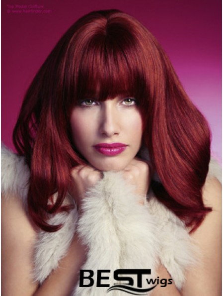 Straight With Bangs Shoulder Length Red Perfect Lace Front Wigs