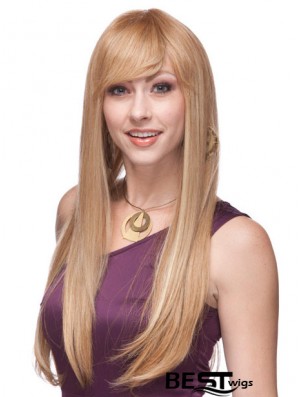 Straight With Bangs Monofilament Blonde Top Long Wigs