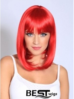 Straight With Bangs Shoulder Length Red Fashionable Lace Front Wigs