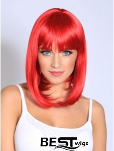 Straight With Bangs Shoulder Length Red Fashionable Lace Front Wigs