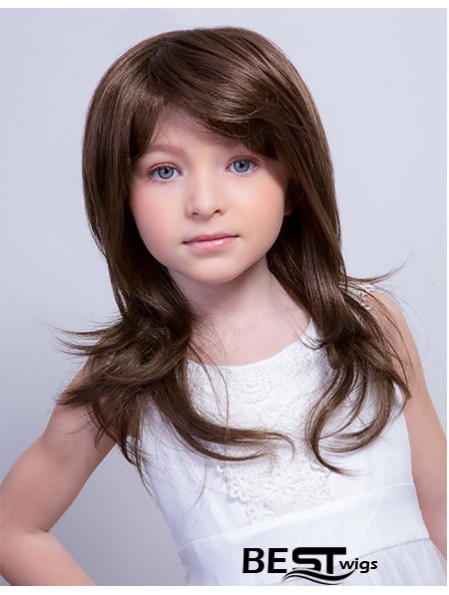 Monofilament 15 inch Straight Long With Bangs Brown Remy Human Hair Kids Wigs Cheap