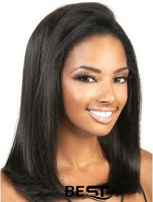 Cheap Black Color Yaki Style Shoulder Length Lace Front Wigs For Black Women