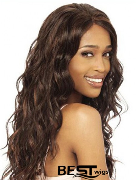 Without Bangs Modern Wavy Brown Long Human Hair Lace Front Wigs