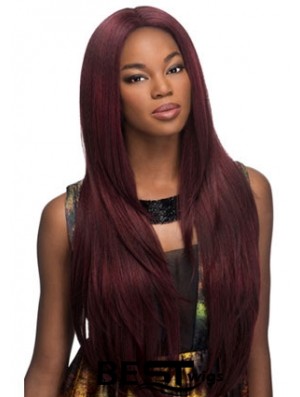Suitable Red Long Without Bangs Yaki Glueless Lace Front Wigs