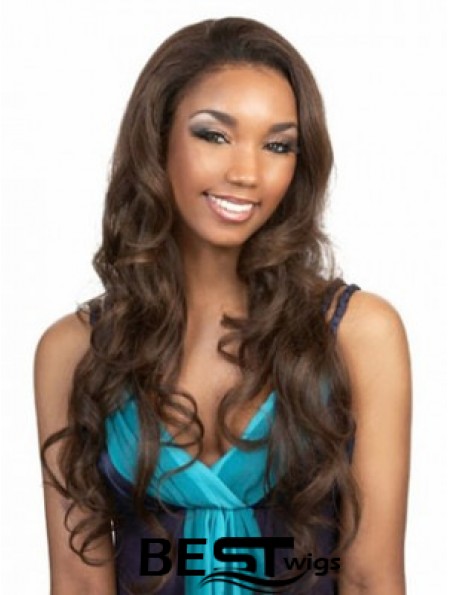 Long Brown Wavy Without Bangs Flexibility African American Wigs