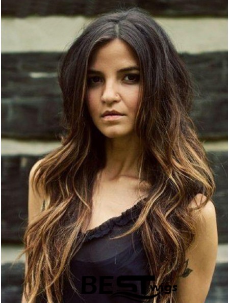 Long Ombre/2 Tone Wavy Without Bangs Fashionable African American Wigs