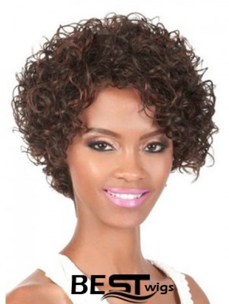 Chin Length Brown Curly With Bangs Natural African American Wigs