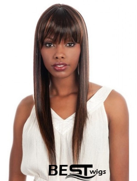 Long Brown Yaki With Bangs Fashionable African American Wigs