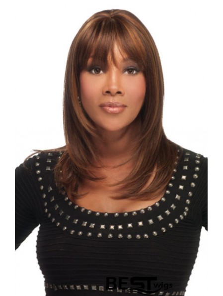 Shoulder Length Auburn Straight With Bangs Flexibility African American Wigs