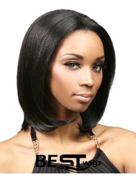 Without Bangs No-Fuss Yaki Black Chin Length Human Hair Lace Front Wigs