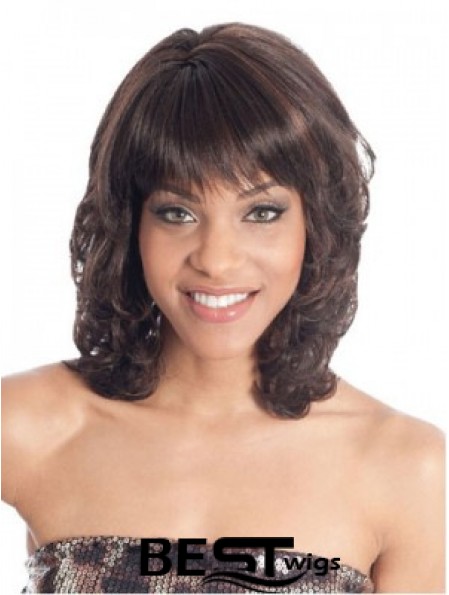 Shoulder Length Brown Wavy With Bangs Fashion African American Wigs