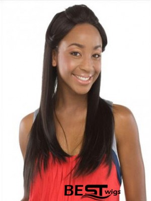 Without Bangs Sleek Straight Black Long Human Hair Lace Front Wigs