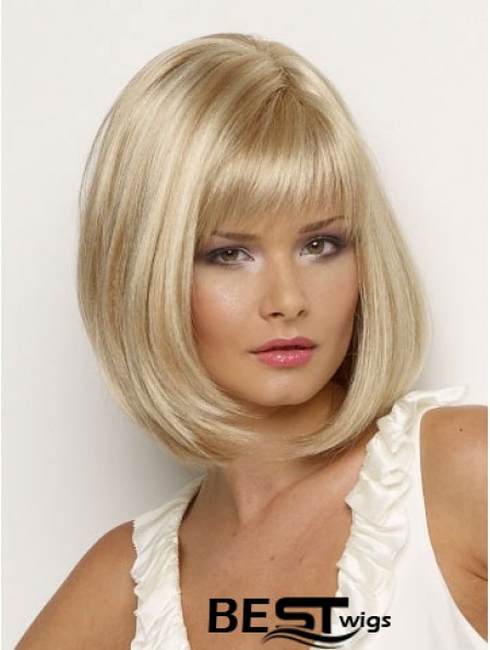 Synthetic Wig Chin Length Blonde Color Straight Style With Bangs